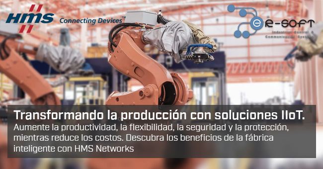 Transformando la producción con soluciones IIoT.
              Aumente la productividad, la flexibilidad, la seguridad y la protección,
              mientras reduce los costos. Descubra los beneficios de la fábrica
              inteligente con HMS Networks