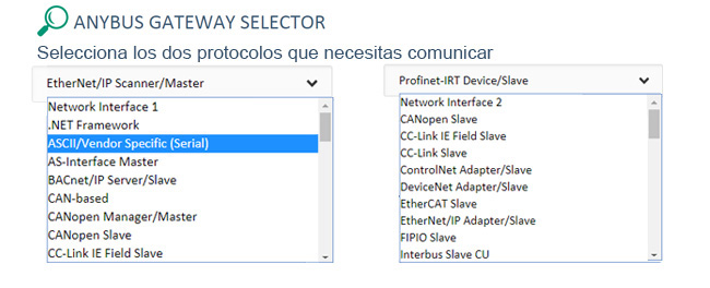 Seleccione dos protocolos a comunicar Anybus X-Gateway