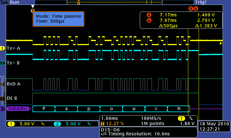 Example of the whole packet in passive mode. (yellow - data in; light blue - data out)